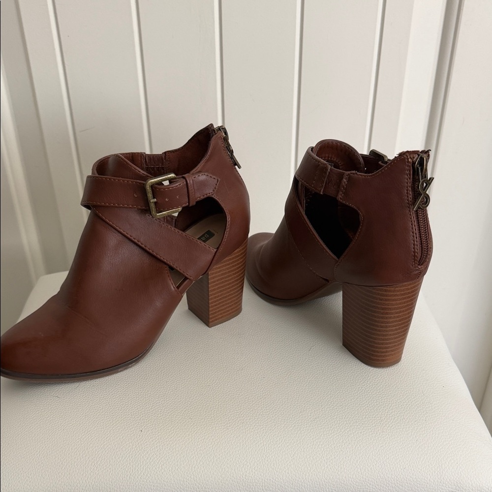 Brown Cutout Strap Block Heel Ankle Boots